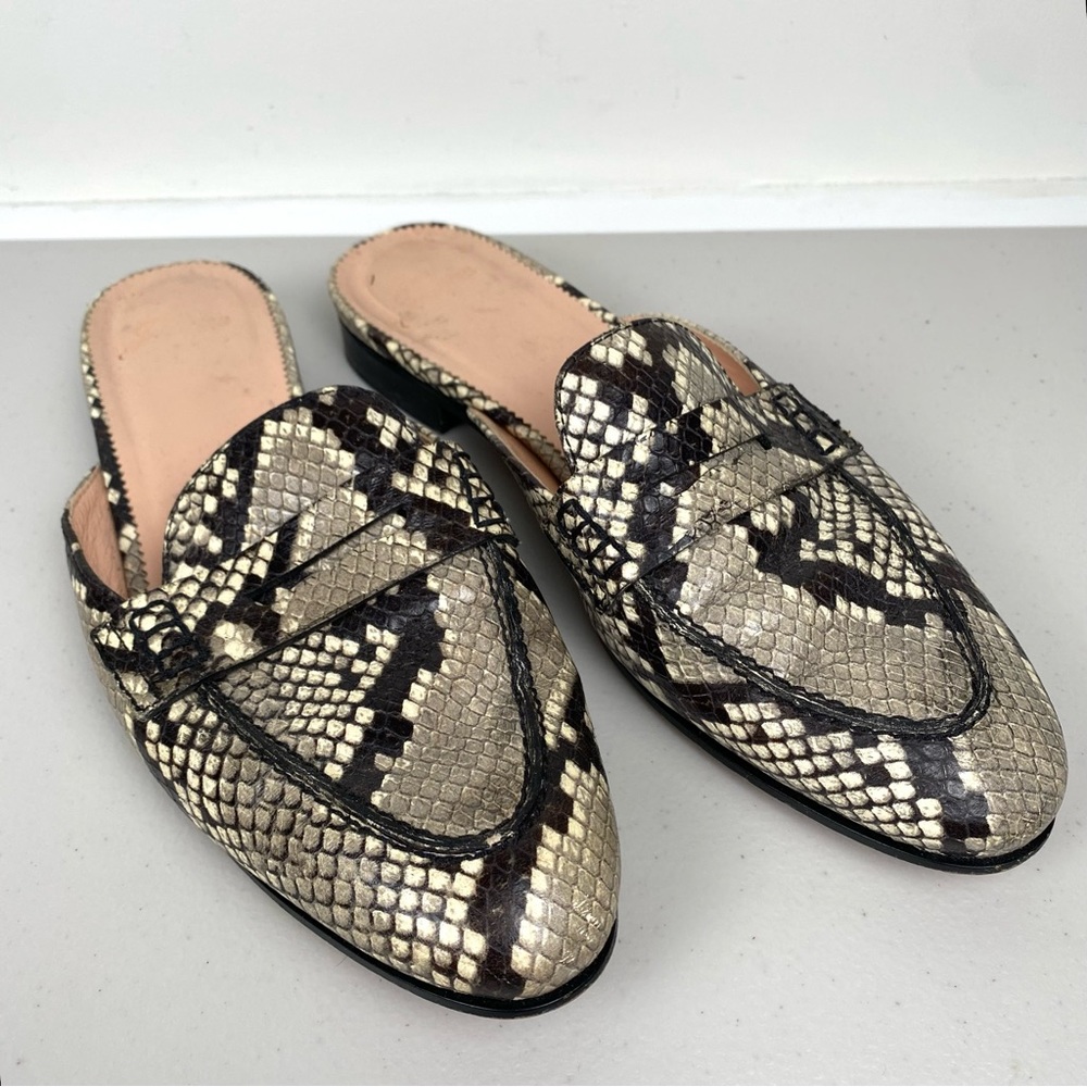 J. Crew Snake Academy Slides Loafers Mules Flats Neutral Reptile size 8